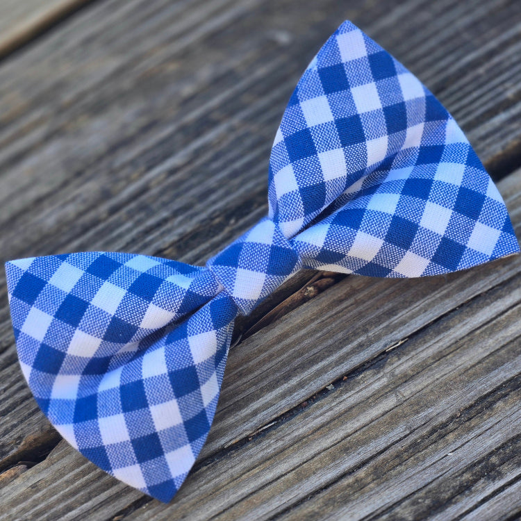 Royal blue and white gingham checkered pet bow tie on a wooden surface