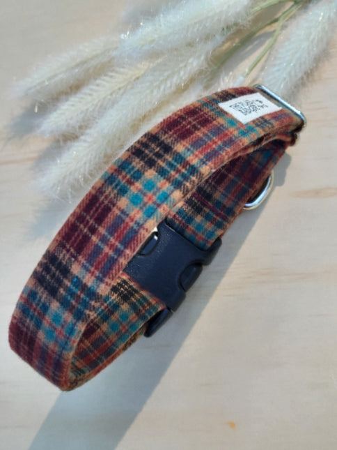 Burgundy and Tan Plaid Dog Collar