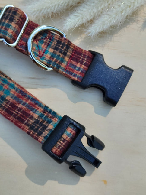 Burgundy and Tan Plaid Dog Collar