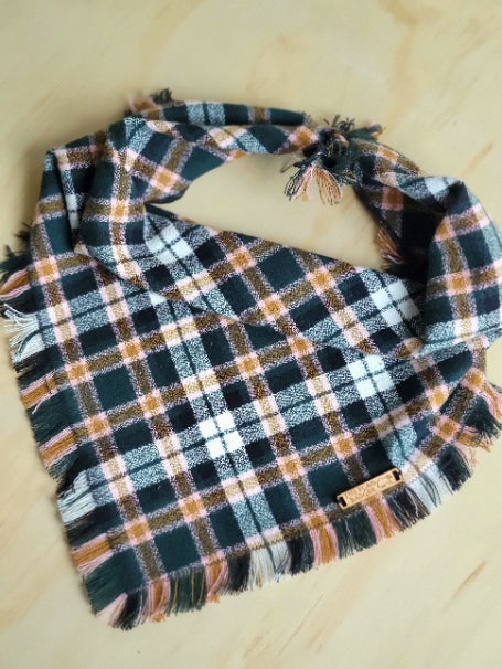 dark green, ochre, pink, white, and black plaid flannel dog bandana