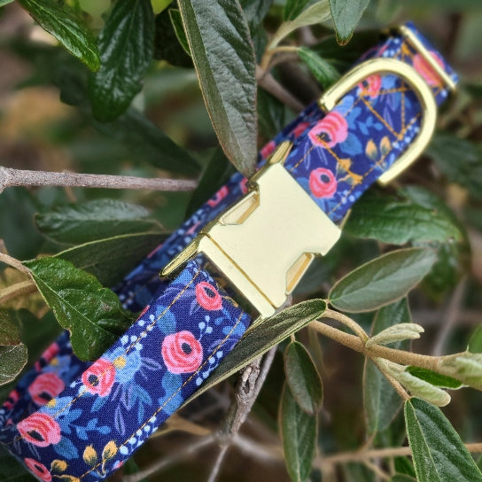 Navy Rose Floral Dog Collar