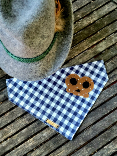 classic blue gingham dog bandana with pretzel, ready to oktoberfest