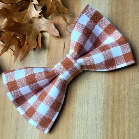 burnt orange and white plaid gingham dog bow tie