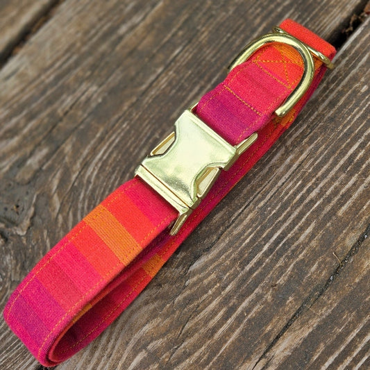 Gorgeous collar in bright sunset hues perfect for summer. Collar has vertical stripes in equal weight that transition from yellow orange, orange, bright red, to red violet. Fabric is lightweight woven cotton. Shown with shiny gold heavy duty metal buckle.