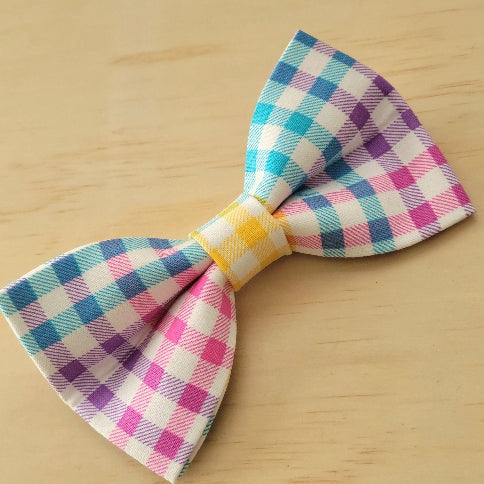 bright blue, purple, pink, and yellow gingham on white background, easter pastel dog bow tie, over the collar design