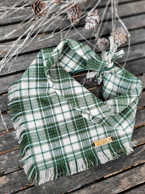 moss green and dark green plaid flannel tied dog bandana, holiday