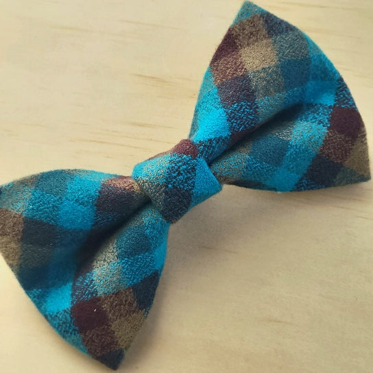 Teal and Brown Plaid Dog Bow Tie