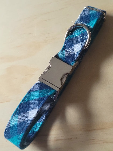 navy blue, turquoise and white plaid gingham dog collar soft cotton flannel shown with silver metal buckle