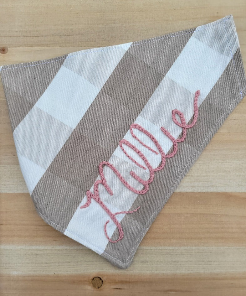 Beige and white buffalo plaid dog bandana with hand embroidered customization