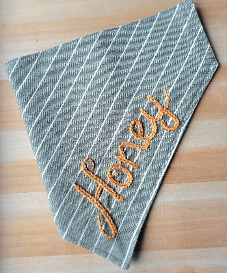 Muted Green Dog Bandana, with hand embroidered name