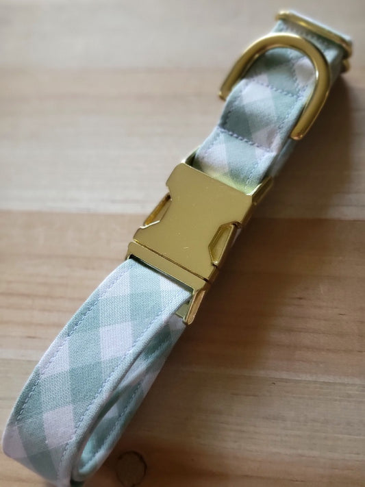 sage green and white gingham dog collar