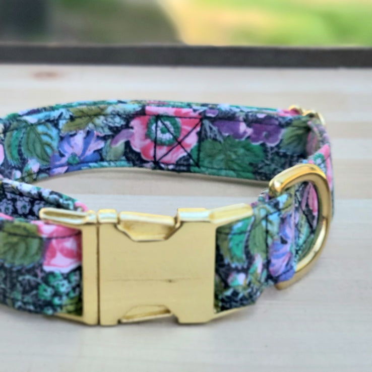 vintage floral with hand drawn quality flowers bright pops of color on a black background. unique and retro dog collar