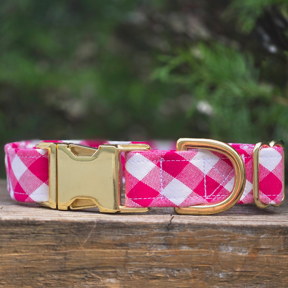 Hot Pink and white checkered dog collar with gold buckle on a wooden surface