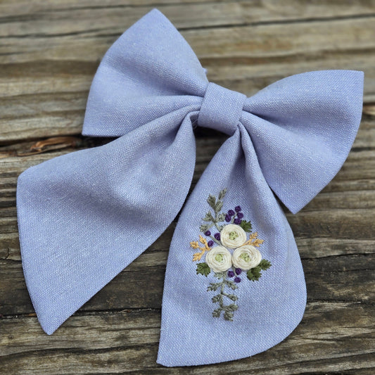 Lavender Floral Embroidered Fancy Bow