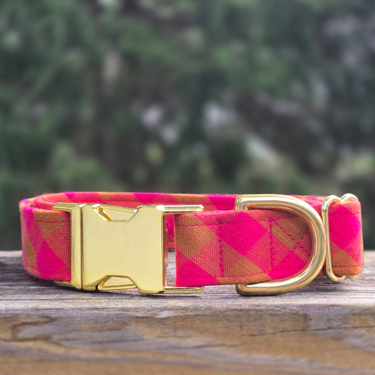 Hot Pink and Ochre Gingham Dog Collar