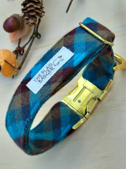 Teal and Brown Plaid Dog Collar