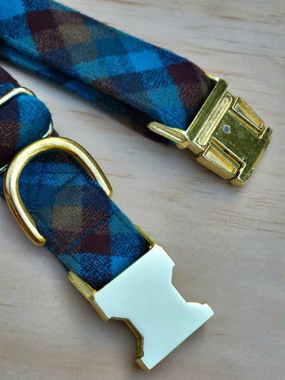 Teal and Brown Plaid Dog Collar