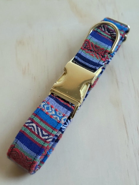 boho style dog collar in bold colors. shades of red, navy, bright blue, lime, white and beige. woven collar in a cotton blend. pattern is striped with tribal style