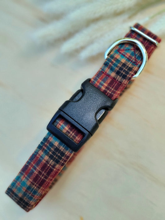 Burgundy and Tan Plaid Dog Collar