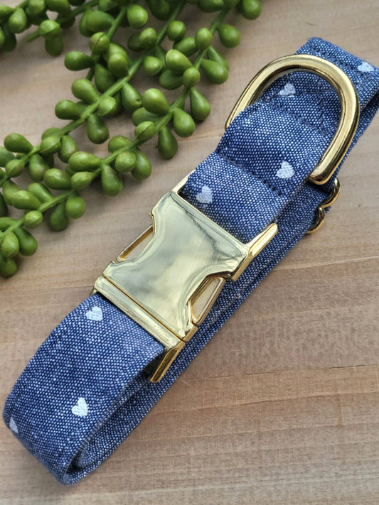 chambray denim dog collar with small white printed hearts
