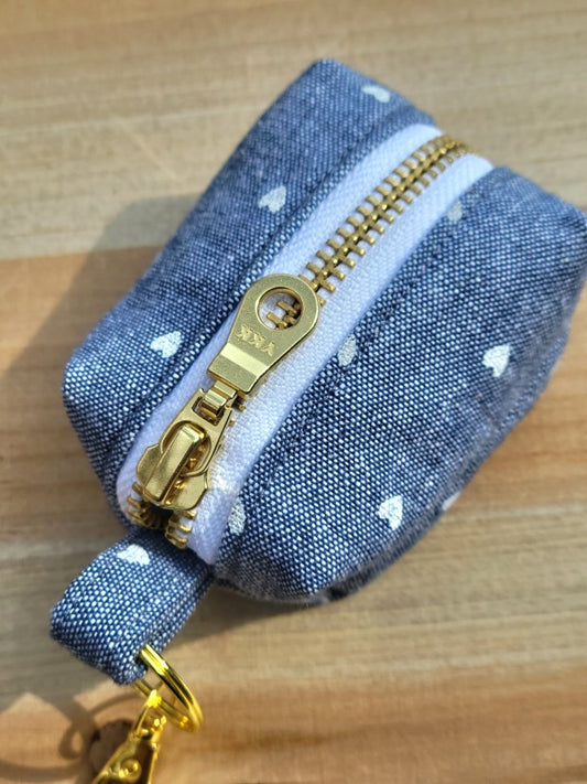 chambray denim with small white hearts poop bag holder