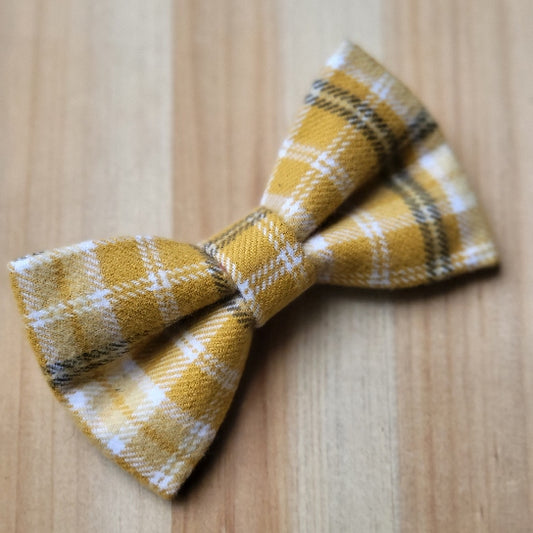 mustard yellow plaid with white and sage green plaid stripes dog bow tie made from cotton flannel. Cozy, soft, and perfect for year round or even for a green bay packer fan