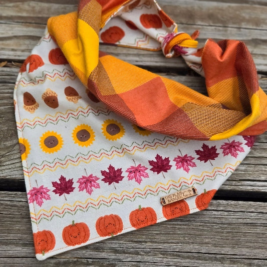 cute smiling leaves, pumpkins, sunflowers and acorns in bright fall colors on a white background, reverses to a large checker plaid in shades of orange. perfect for fall. 