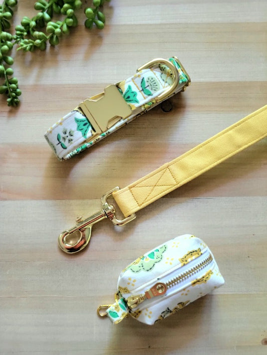 unique vintage dog collar with matching poop bag holder mustard yellow and green florals, coordinating yellow canvas dog leash