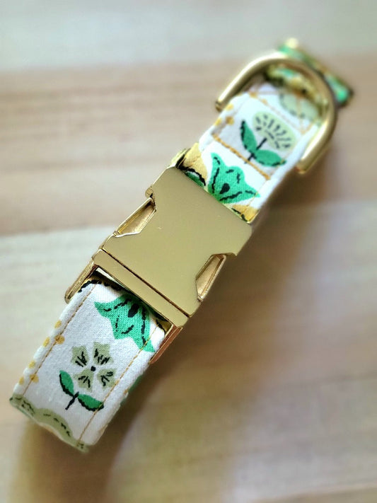 floral dog collar made with vintage fabric hand drawn design feel green and yellow flowers centered on white background