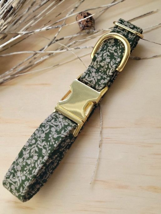 floral and greenery beige ivory on a moss green background, cotton dog collar shown with gold metal hardware