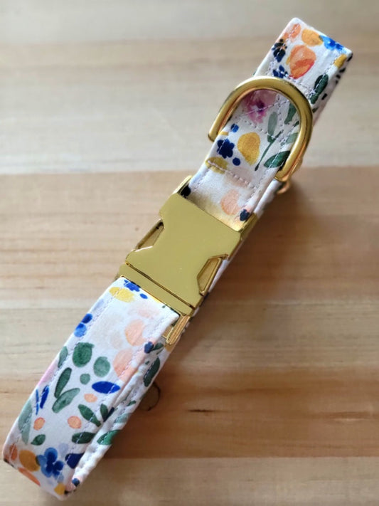 watercolor abstract floral dog collar with gold hardware