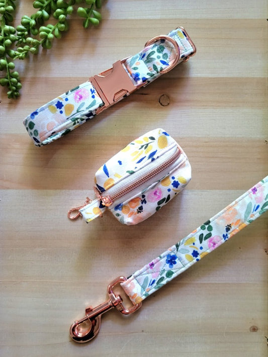 watercolor floral dog leash with matching leash and poop bag holder all with rose gold hardware