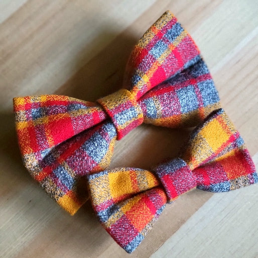 red and yellow plaid on gray background pet bow ties in two sizes perfect for any chiefs fan