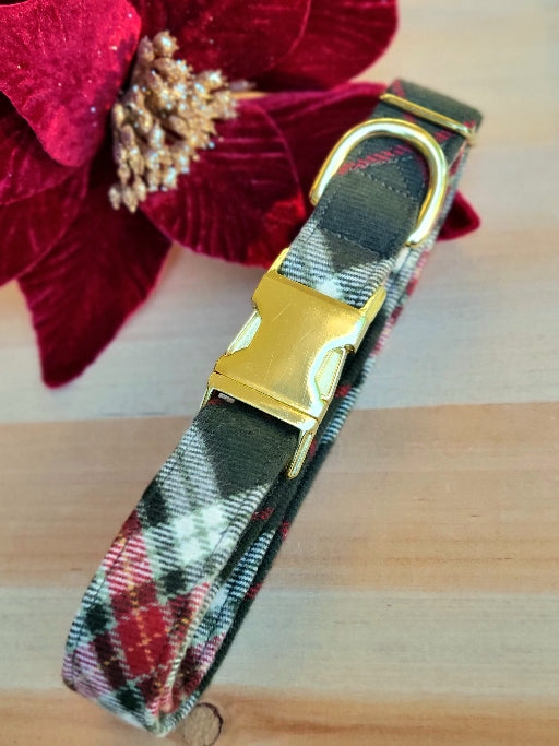 dark green holiday plaid dog collar with pops of burgundy white gold and light green