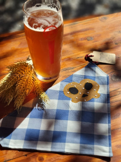 oktoberfest dog bandana with gingham fabric, appliqued pretzel and salt, beer not included