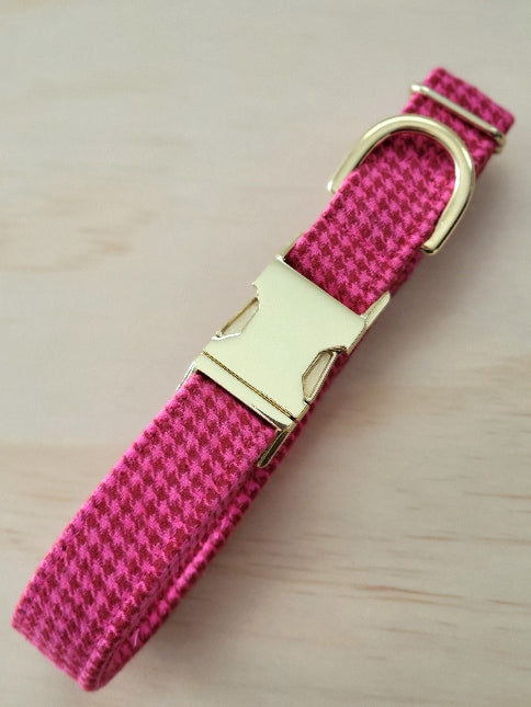 barbie pink and red houndstooth dog collar shown with shiny gold metal buckle. made with 100% cotton flannel and perfect for any barbie fan or for Valentines day