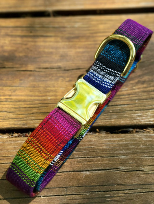 perfect for pride, striped dog collar made from handwoven cotton fabric from guatemala. bright, and every shade of the rainbow