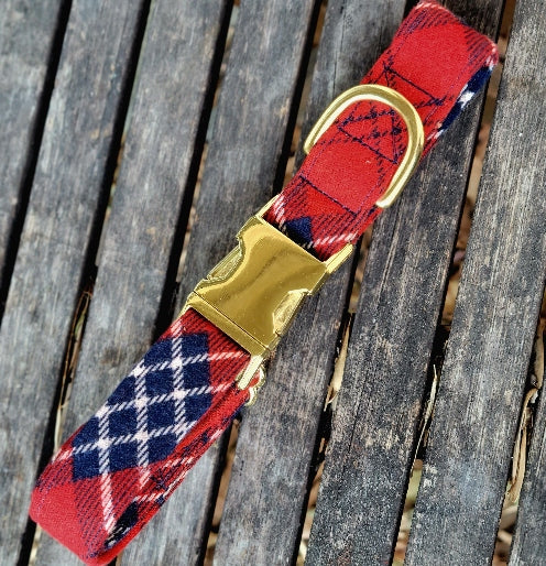 brick red and navy plaid dog collar, plaid pattern has been printed on the cotton flannel. vintage type look and sophisticated. perfect for any KU Jayhawks fan