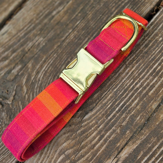 Gorgeous collar in bright sunset hues perfect for summer. Collar has vertical stripes in equal weight that transition from yellow orange, orange, bright red, to red violet. Fabric is lightweight woven cotton. Shown with shiny gold heavy duty metal buckle. 