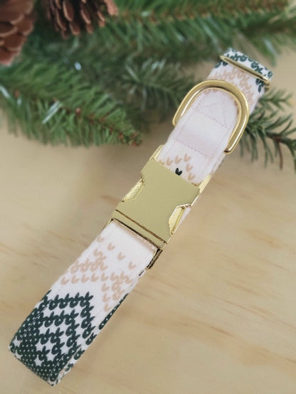 dark green and beige dog collar with a faux sweater knit pattern on a light ivory background made from cotton flannel and shown with shiny gold metal hardware