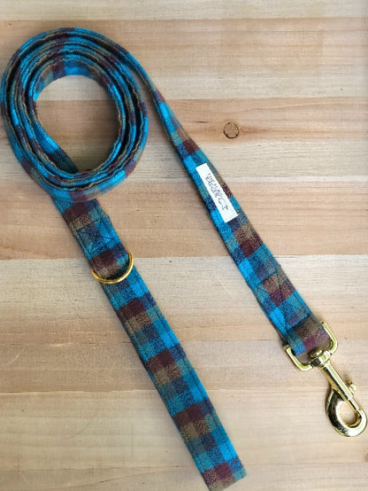 Teal and Brown Plaid Dog Leash