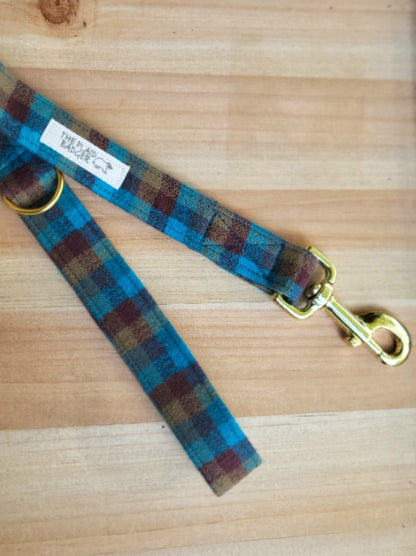 Teal and Brown Plaid Dog Leash