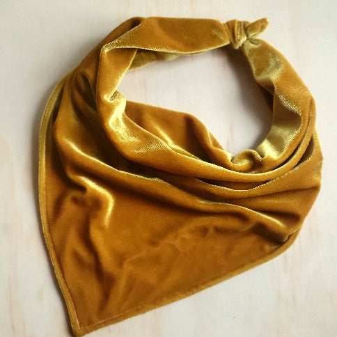 soft, high quality, bougie, velvet dog bandana shown in antique gold
