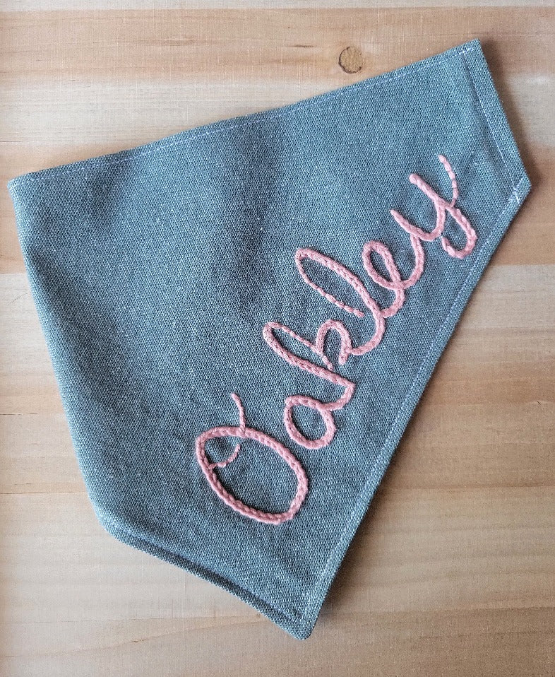 muted green teal denim dog bandana with customization, hand embroidered name