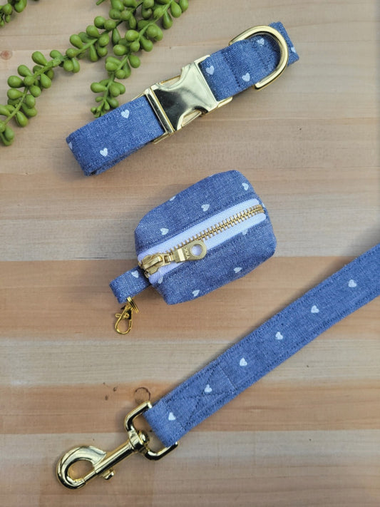 chambray denim with small white hearts dog collar, leash, and waste bag set