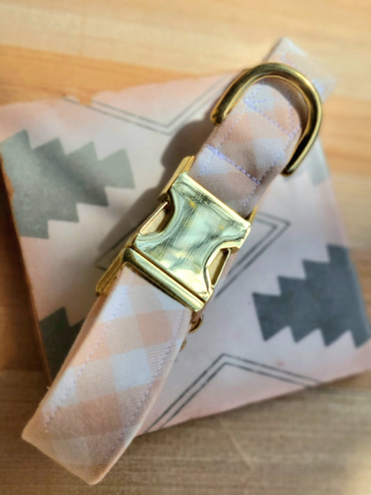 peach and white gingham dog collar with gold hardware