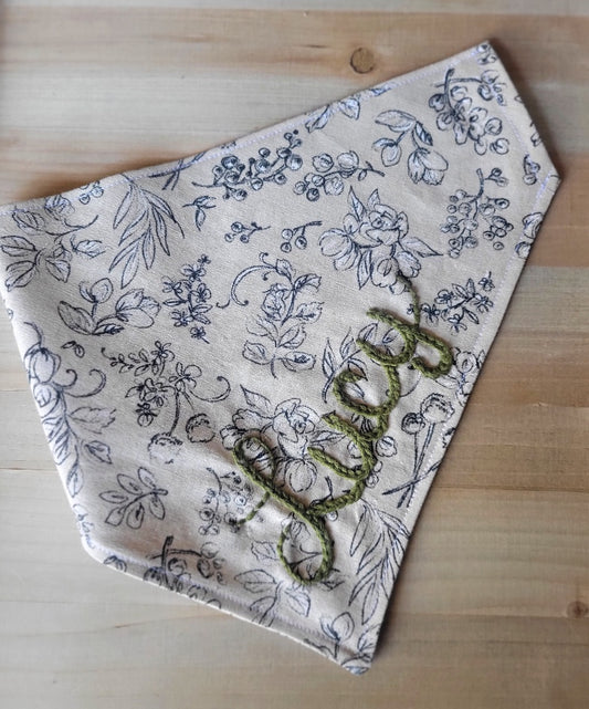 floral dog bandana on cotton flax, personalized with hand embroidered name