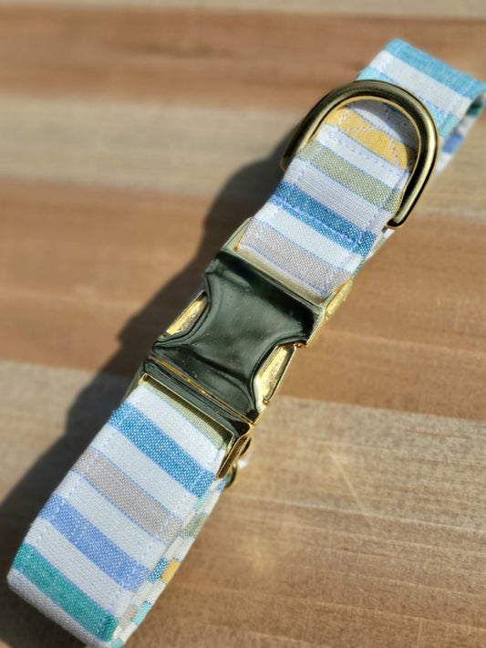 beachy stripes in white beige yellow green blue and teal striped dog collar